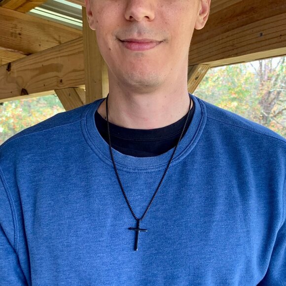 Black Titanium Steel Cross † on Black Stainless Steel Box Chain Necklace - Picture 1 of 8